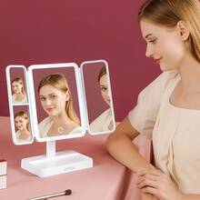 Rotatable And Foldable LED Makeup Mirror With Storage, USB Rechargeable Mirror Equipped With 3 Light Colors And Touch Screen Dimming, Suitable For Desk And Bedroom Use - White - View 3
