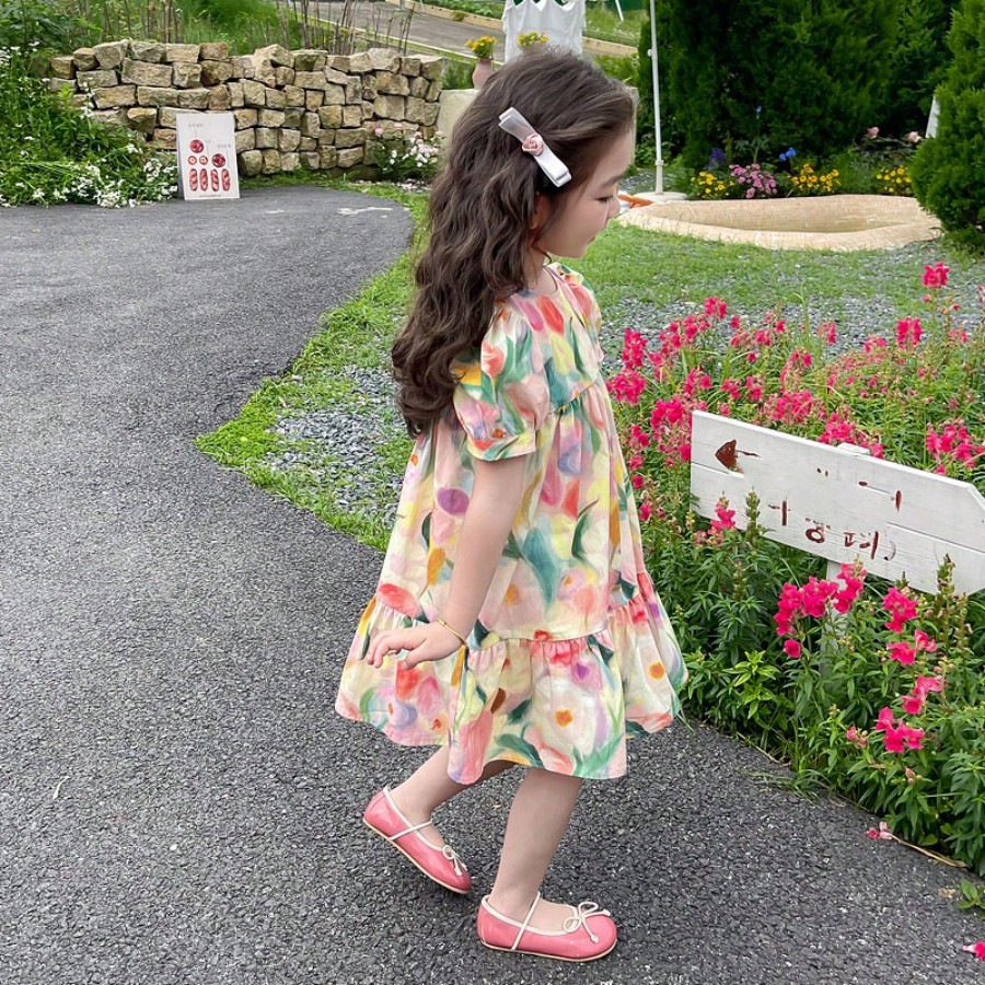 Vestido de verano para niñas, vestido corto de manga corta lindo para niñas jóvenes, ropa de verano nueva para niñas jóvenes, vestido holgado con