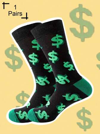 1 Pair Men's Black Coin Printed Casual Personalized Street Style Mid-Calf Socks