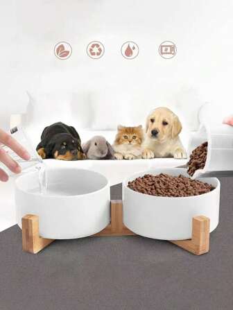 1pc Wooden Elevated Pet Feeder With Ceramic Bowl, Suitable For Small And Medium-Sized Cats And Dogs, Helps Protect Neck And Prevent Slipping