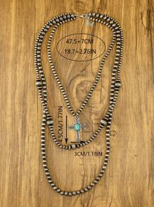 1pc Women's Cross Long Necklace, Zinc Alloy Cross Inlaid With Turquoise, Western Country Style Faux Pearl Necklace, Three-Layer Stacked Necklace, Women's Fashion Jewelry, Bohemian Retro Style Long Necklace, Western Fashion Women's Multi-Layer Necklace, Suitable For Daily Wear Or Holiday Gift Giving