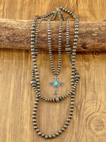 1pc Women's Cross Long Necklace, Zinc Alloy Cross Inlaid With Turquoise, Western Country Style Faux Pearl Necklace, Three-Layer Stacked Necklace, Women's Fashion Jewelry, Bohemian Retro Style Long Necklace, Western Fashion Women's Multi-Layer Necklace, Suitable For Daily Wear Or Holiday Gift Giving