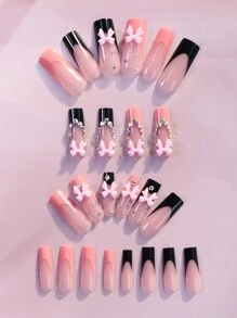 Bộ 24 miếng dán móng tay acrylic hình quan tài phong cách Y2K, thiết kế nơ hồng và đính đá, bao gồm 1 miếng gel dẻo và 1 dũa móng, thích hợp cho việc trang trí móng tay của phụ nữ và bé gái. - Màu Hồng  Dưa hấu - Xem 3