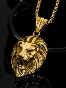 1pc Fashionable Stainless Steel Lion Head Necklace Pendant For Men, Versatile Jewelry - Yellow Gold - View 1