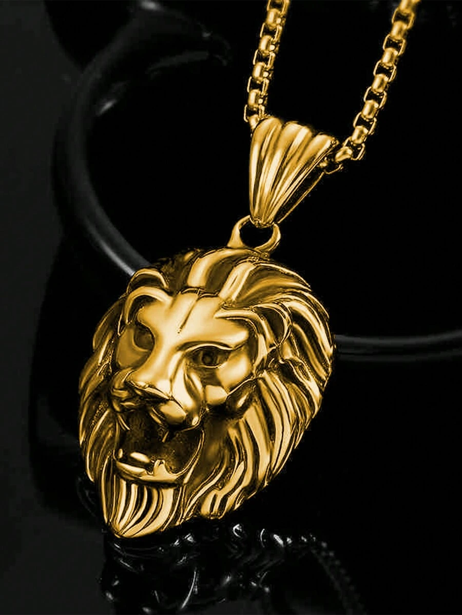 1pc Fashionable Stainless Steel Lion Head Necklace Pendant For Men, Versatile Jewelry - Yellow Gold - View 1