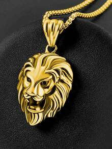 1pc Fashionable Stainless Steel Lion Head Necklace Pendant For Men, Versatile Jewelry - Yellow Gold - View 2