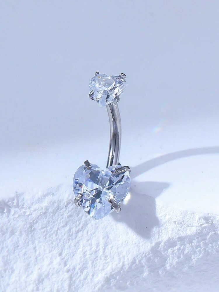 1pc Silver Leisure Fashion Stainless Steel Belly Button Ring With Heart Shaped Cubic Zirconia, Suitable For Women As Valentine's Day, Christmas, Thanksgiving, Halloween, Easter, Bars, Beach Parties Birthday Gift And Daily Wearing Valentines,Mom,Mother,Mother's Day,Gift