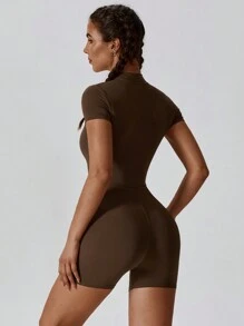 MASKERT 女士瑜伽连体裤 运动短袖连体裤 亲肤高弹塑身连体裤 夏季 - 巧克力棕 - 查看 3