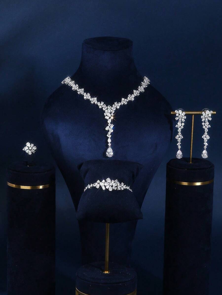 4pcs Silver Cubic Zirconia Minimalist Floral Pendant Necklace Set, Necklace, Earrings, Bracelet, Open Ring, Suitable For Women's Party And Daily Wear - Silver - View 1