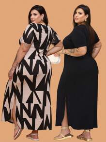 Plus Size Dresses - Geometric Black + Plain Black - View 2