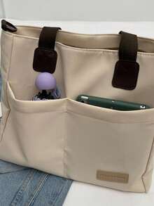 MOBAOFANG 1 Peça Bolsa Grande em Nylon com Capacidade de Ombro na cor Bege, neutra e com vários bolsos, usada como Bolsa Transversal, estilo Retro e Casual, adequada para o cotidiano, trabalho e compras. - Bege - Visão 10