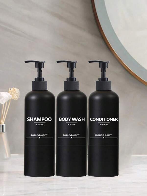 LEAPAIR 2/3 piezas Botellas altas de loción negra esmerilada de 500ML con 8 etiquetas adhesivas, botellas de loción con dispensador, para champú, acondicionador, gel de baño - Envases plásticos recargables vacíos para ducha, organizadores y almacenamiento de baño, jabón de manos/vajilla, decoración de otoño para el hogar, de vuelta a la escuela