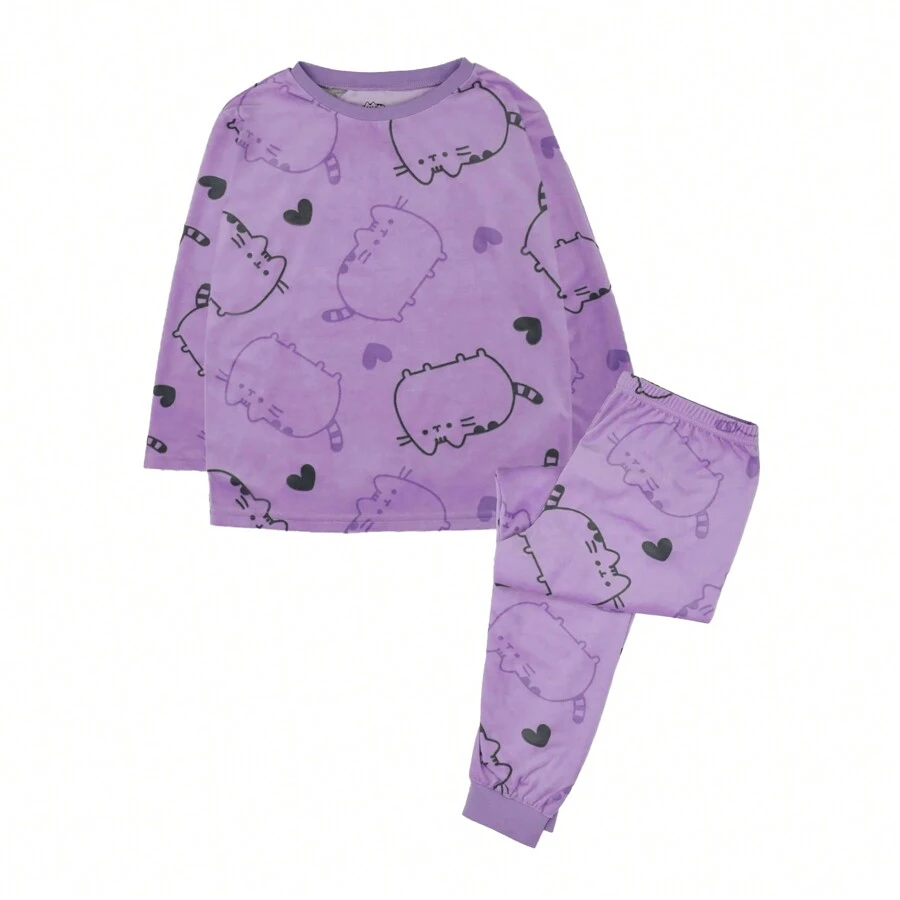 Pusheen Girls All-Over Print Long Pyjama Set (Purple) - Purple - View 1