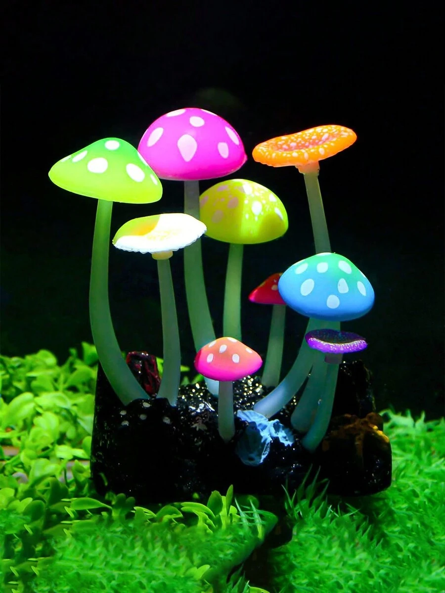 發光效果人工蘑菇水族箱植物裝飾，水族箱景觀花盆裝飾，花園裝飾 - 彩色 - 查看 1