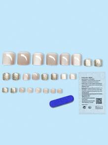 24Pcs Short Square Ice-Cracked Light Pink Crystal Design Glittery Cat Eye False Toenail Set, Full-Cover Toe Nails For Parties Or Daily Wear Press On Nails Nail Supplies Nails - Baby Pink - View 2