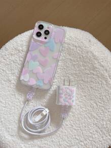 Set de 5 piezas de San Valentín: Funda para teléfono + Funda protectora de cable de datos, con estampado de corazones de colores, funda protectora de carga rápida compatible con iPhone 7/8/7+/8+/X/XS/XR/XS Max/11/11 Pro/11 Pro Max/12/12 Pro/12 Pro Max/12 Mini/13/13 Pro/13 Pro Max/13 Mini/14/14 Pro/14 Plus/14 Pro Max/15/15 Pro/15 Plus/15 Pro Max/16/16 Pro/16 Plus/16 Pro Max - Multicolor - Ver 4