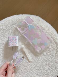 Set de 5 piezas de San Valentín: Funda para teléfono + Funda protectora de cable de datos, con estampado de corazones de colores, funda protectora de carga rápida compatible con iPhone 7/8/7+/8+/X/XS/XR/XS Max/11/11 Pro/11 Pro Max/12/12 Pro/12 Pro Max/12 Mini/13/13 Pro/13 Pro Max/13 Mini/14/14 Pro/14 Plus/14 Pro Max/15/15 Pro/15 Plus/15 Pro Max/16/16 Pro/16 Plus/16 Pro Max - Multicolor - Ver 2