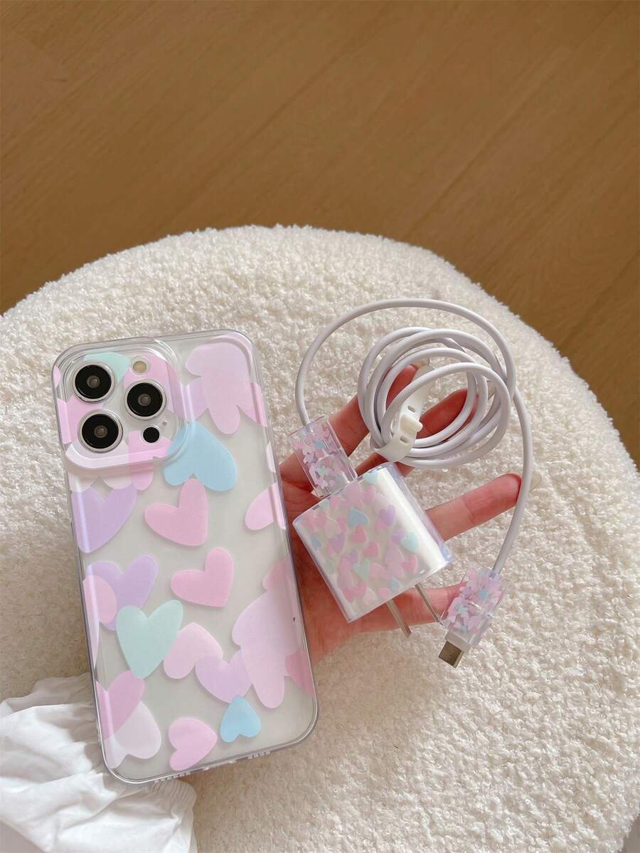 Set de 5 piezas de San Valentín: Funda para teléfono + Funda protectora de cable de datos, con estampado de corazones de colores, funda protectora de carga rápida compatible con iPhone 7/8/7+/8+/X/XS/XR/XS Max/11/11 Pro/11 Pro Max/12/12 Pro/12 Pro Max/12 Mini/13/13 Pro/13 Pro Max/13 Mini/14/14 Pro/14 Plus/14 Pro Max/15/15 Pro/15 Plus/15 Pro Max/16/16 Pro/16 Plus/16 Pro Max - Multicolor - Ver 1