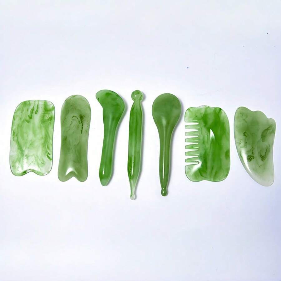 Bộ dụng cụ mát-xa Gua Sha 7 chiếc - Bấm huyệt trên mặt bằng nhựa tự nhiên Thanh thư giãn cơ đầu tự nhiên, Nâng cơ mắt & cằm đôi, Lược kinh tuyến & Bảng làm đẹp - Nhiều màu - Xem 1