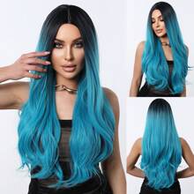 Peluca sintética de 26 pulgadas para fiesta con cabello azul aguamarina degradado, ondulado, con raya al medio, elegante, romántica y sencilla para uso diario, fiestas, vacaciones, Navidad, Halloween u ocasiones especiales. Resistente al calor. - Azul degradado - Ver 1