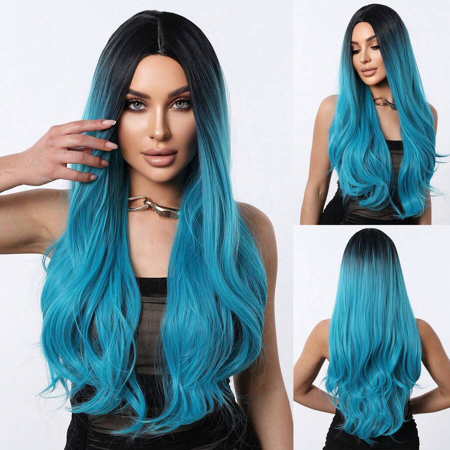 Peluca sintética de 26 pulgadas para fiesta con cabello azul aguamarina degradado, ondulado, con raya al medio, elegante, romántica y sencilla para uso diario, fiestas, vacaciones, Navidad, Halloween u ocasiones especiales. Resistente al calor. - Azul degradado - Ver 1