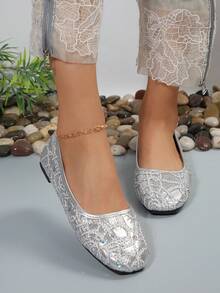 时尚舒适软底女士平底鞋，春秋季低帮便士乐福鞋 - 銀色 - 查看 5