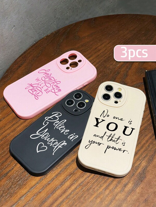 3pcs Assorted Color (Black/White/Pink) Letter Printed Phone Cases With Camera Lens Protection, Suitable For IPhone11, IPhone13, IPhone14, IPhone15, Samsung Galaxy S24, Galaxy A14, Galaxy A54 5G, IPhone16, IPhone16 Pro Max, IPhone16 Pro, IPhone Plus