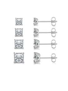 1 Par De Aretes De Pasador Cuadrados De Plata Esterlina 925 Puros Con Diamantes De Imitación Brillante Y De Corte Princesa 5a, Joyería De Compromiso Diaria Para Mujeres Y Niñas, Accesorios De Regalos De Joyería
