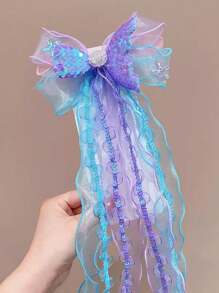 1pc Girls' Summer Fabric Mesh Hair Clip With Ribbon, Mermaid Tail And Seashell Design, Suitable For Everyday Use - Multicolor - View 11