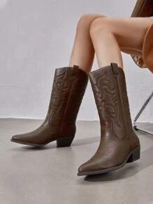 Women'S Cowboy Western Boots Pull On Cowgirl Boots Point Toe Embroidered Detail Chunky Heeled Mid Calf Boots Winter Christmas Valentine's Day Festive Black Boots - 棕色 - 查看 2