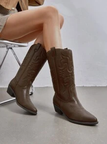 Women'S Cowboy Western Boots Pull On Cowgirl Boots Point Toe Embroidered Detail Chunky Heeled Mid Calf Boots Winter Christmas Valentine's Day Festive Black Boots - 棕色 - 查看 3