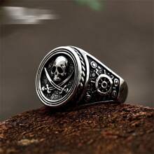 1 pieza Anillo de moda de acero de titanio con cabeza de diablo para mujeres y hombres - Negro - Ver 1