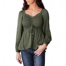 Womens V Neck Smocked Peplum Tops Balloon Long Sleeve Swiss Dot Ruched Blouses - 軍綠色 - 查看 5