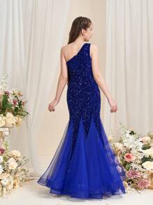 Teen Girl One Shoulder Sleeveless Sequin Mermaid Prom Dress - Royal Blue - View 3