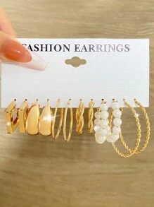 12pcs Fashionable Faux Pearl Earrings Set With Metallic Elements, Geometric Design, Wide Hoops For Vacation, Party, Date And Daily Wear