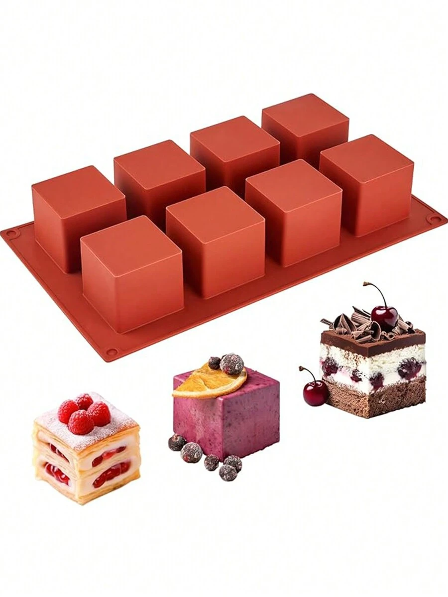 方形矽膠模，8個方格蛋糕烤模，用於制作法式甜點、巧克力、布朗尼、冰淇淋、松露和水果等食品，不粘滾模 - 巧克力棕 - 查看 1