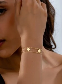 One Charm 简约奢华双层四叶草手链，设计时尚，复古小众高级幸运草手链，适合女性工作、社交、派对、度假、海滩、返校、毕业季、学生手链、送给老师的礼物情人节、妈妈、母亲、母亲节、礼物 - 金色 - 查看 1