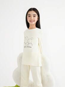 Annil Tween Girl Mùa Thu Đông Dễ Thương In Hình Thịt Cừu Modal Dài Tay Bộ Đồ Ngủ Mặc Ở Nhà 2 Bộ Màu Vàng - Màu vàng - Xem 3