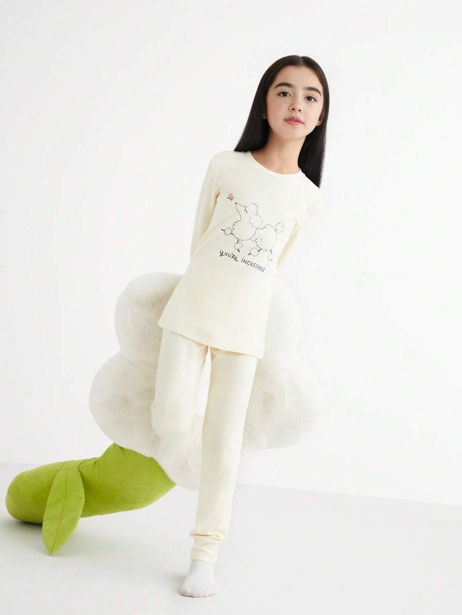 Annil Tween Girl Mùa Thu Đông Dễ Thương In Hình Thịt Cừu Modal Dài Tay Bộ Đồ Ngủ Mặc Ở Nhà 2 Bộ Màu Vàng - Màu vàng - Xem 1