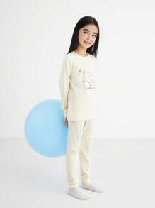 Annil Tween Girl Mùa Thu Đông Dễ Thương In Hình Thịt Cừu Modal Dài Tay Bộ Đồ Ngủ Mặc Ở Nhà 2 Bộ Màu Vàng - Màu vàng - Xem 2