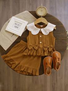 2入組年輕女孩可愛的彼得潘領短袖上衣和荷葉邊短褲套裝，夏季