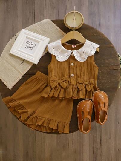 2入組年輕女孩可愛的彼得潘領短袖上衣和荷葉邊短褲套裝，夏季