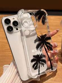 1入透明外殼黑色棕櫚樹TPU四角防摔手機殼，適用於蘋果14promax/13/14/15，細孔設計，適用於14pro/XSXR - 黑色 - 查看 1