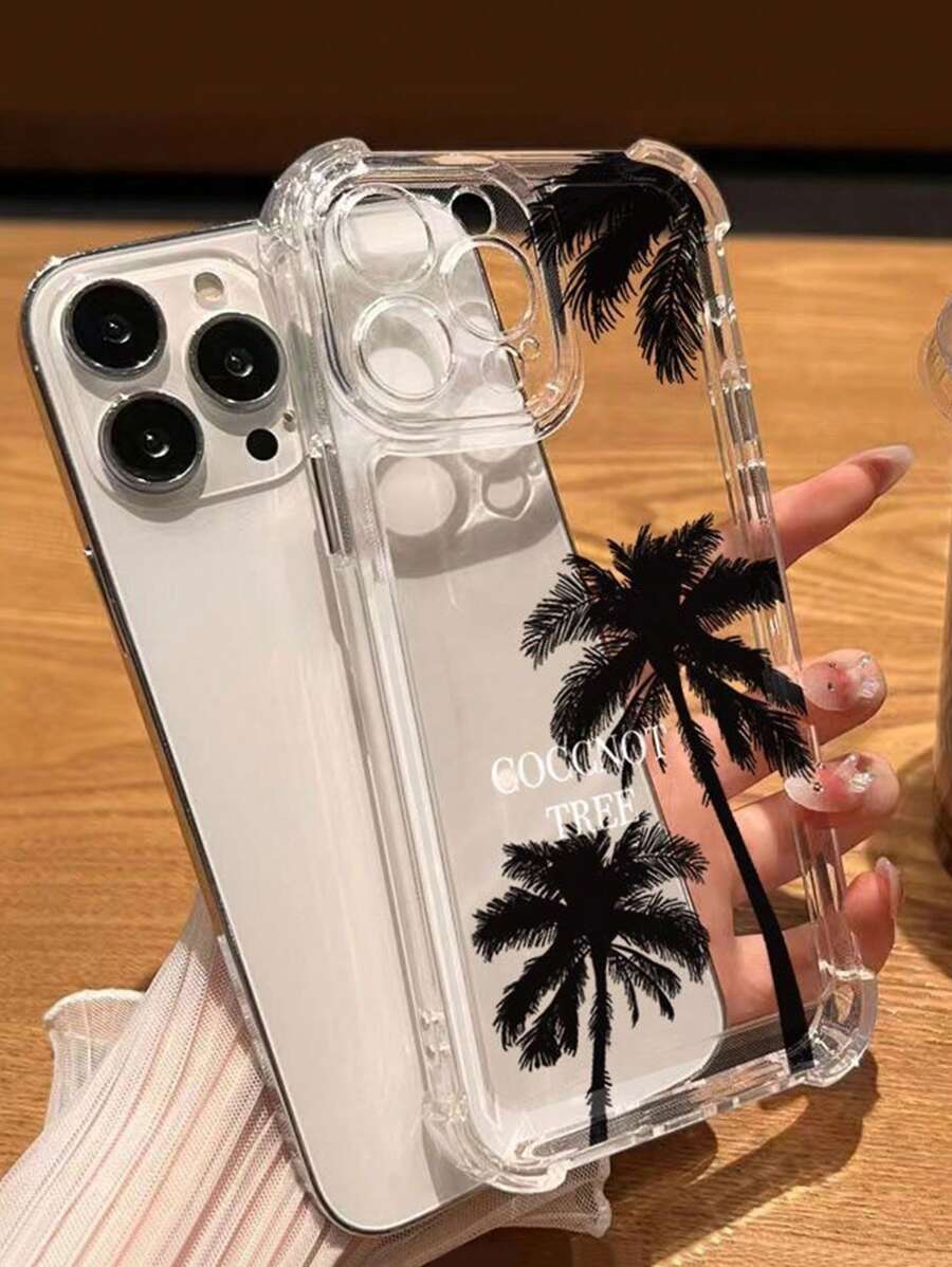 1入透明外殼黑色棕櫚樹TPU四角防摔手機殼，適用於蘋果14promax/13/14/15，細孔設計，適用於14pro/XSXR - 黑色 - 查看 1