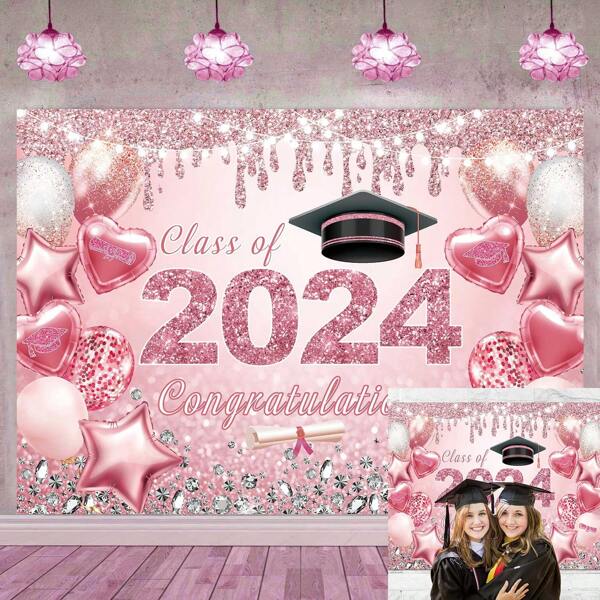 خلفية تخرج 2024 فئة 7 * 5 5 * 3FT بريق ذهبي وردي من صنع الإنسان، تهنئة حزب التخرج، لوازم شعارات ديكور الحزب، وظائف أدوات التصوير الفوتوغرافي