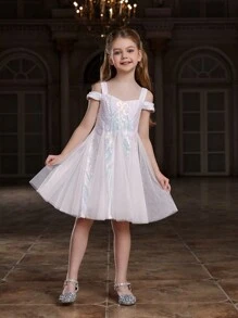 Tween Girl Off Shoulder Sequined Party Dress With Mesh Hem - White - View 4