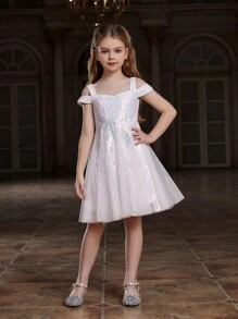 Tween Girl Off Shoulder Sequined Party Dress With Mesh Hem - White - View 3
