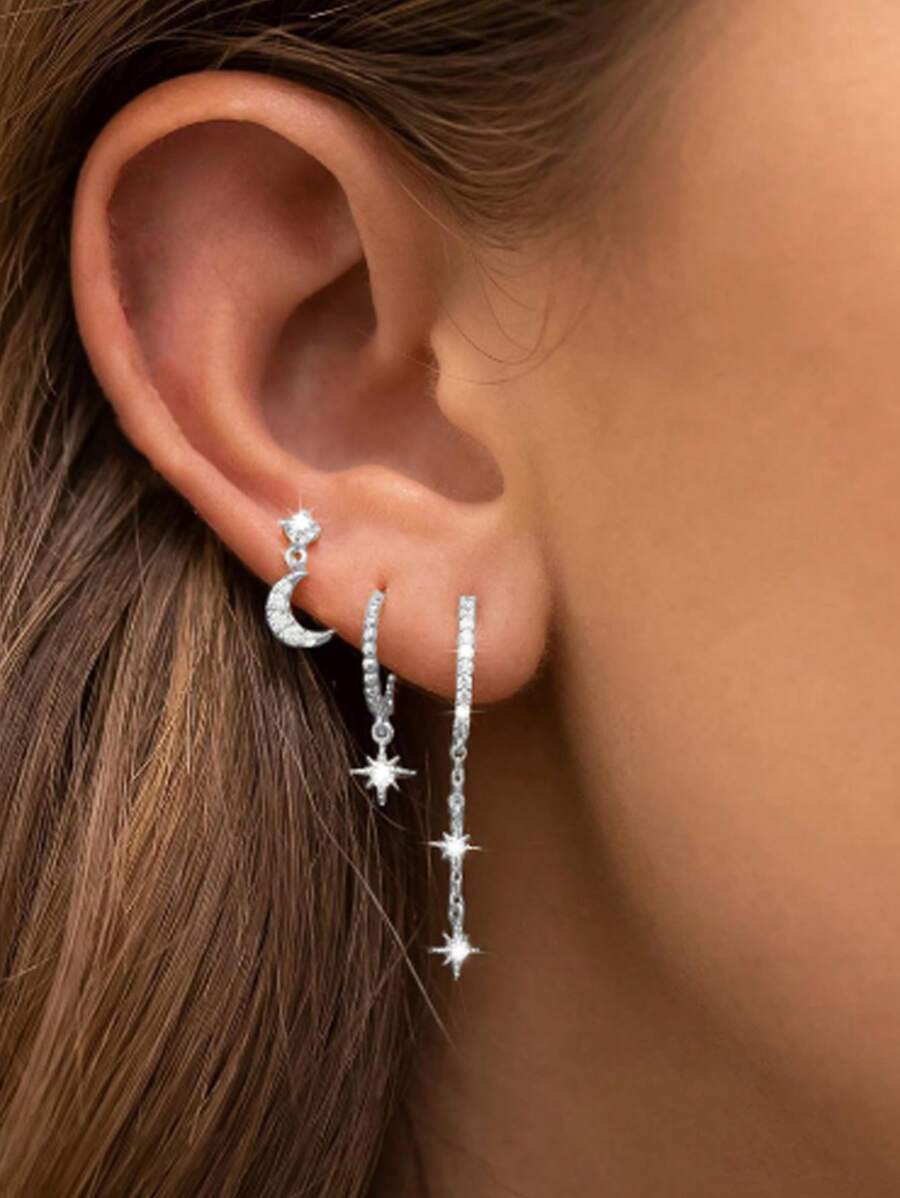 HOTNICE 1 Bộ (3 chiếc) Khuyên tai đơn nữ, Đá mặt trăng Zirconia, Khuyên tai hình ngôi sao hai đầu, Khuyên tai ba lỗ, Đeo nhiều lớp, Chỉ có một chiếc khuyên tai - bộ 3 món bạc - Xem 1