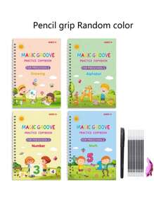 4pcs Writing Practice Notebook Set With 1 Pen, 10 Extra Refills, Reusable Grip Holder, Calligraphy Workbook For Kids 3-8 Years Old To Improve Handwriting & Ink Practice (4 Notebooks With Pen) - Multicolor - View 8