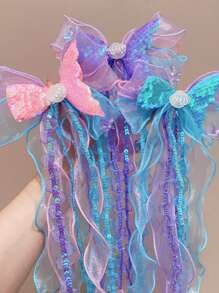 1pc Girls' Summer Fabric Mesh Hair Clip With Ribbon, Mermaid Tail And Seashell Design, Suitable For Everyday Use - Multicolor - View 4